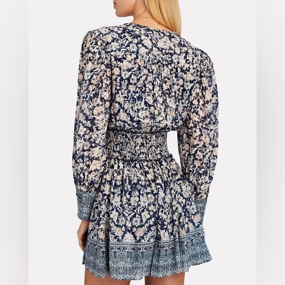 855 Intermix Lana Floral Smocked Mini Dress Size 2 Color Blue - Picture 2 of 11